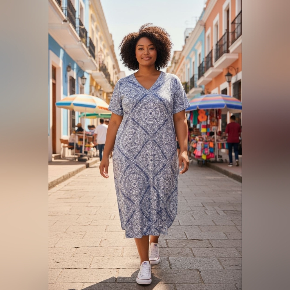 Ruby Rd. Women's Blue & White Geometric Print T-Shirt Tunic Dress Size XL